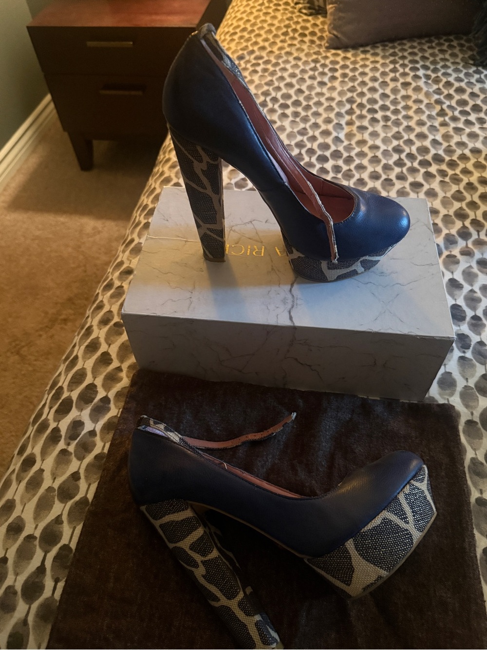 Women's Navy Blue Platform Pumps with Patterned Heel